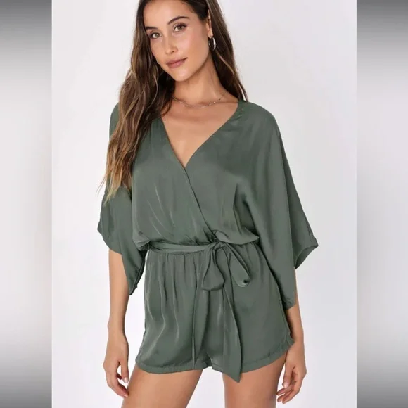 Olive Green Satin Surplice Romper | Womens | X-Small (Available in M) | 100% Polyester | Lulus Olive Green Satin Surplice Romper | Womens | X-Small (Available in M) | 100% Polyester | Lulus